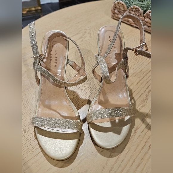 LC Lauren Conrad Hazelnuts Gold Shimmer Double Strap Stiletto Heels. Size - Picture 5 of 15